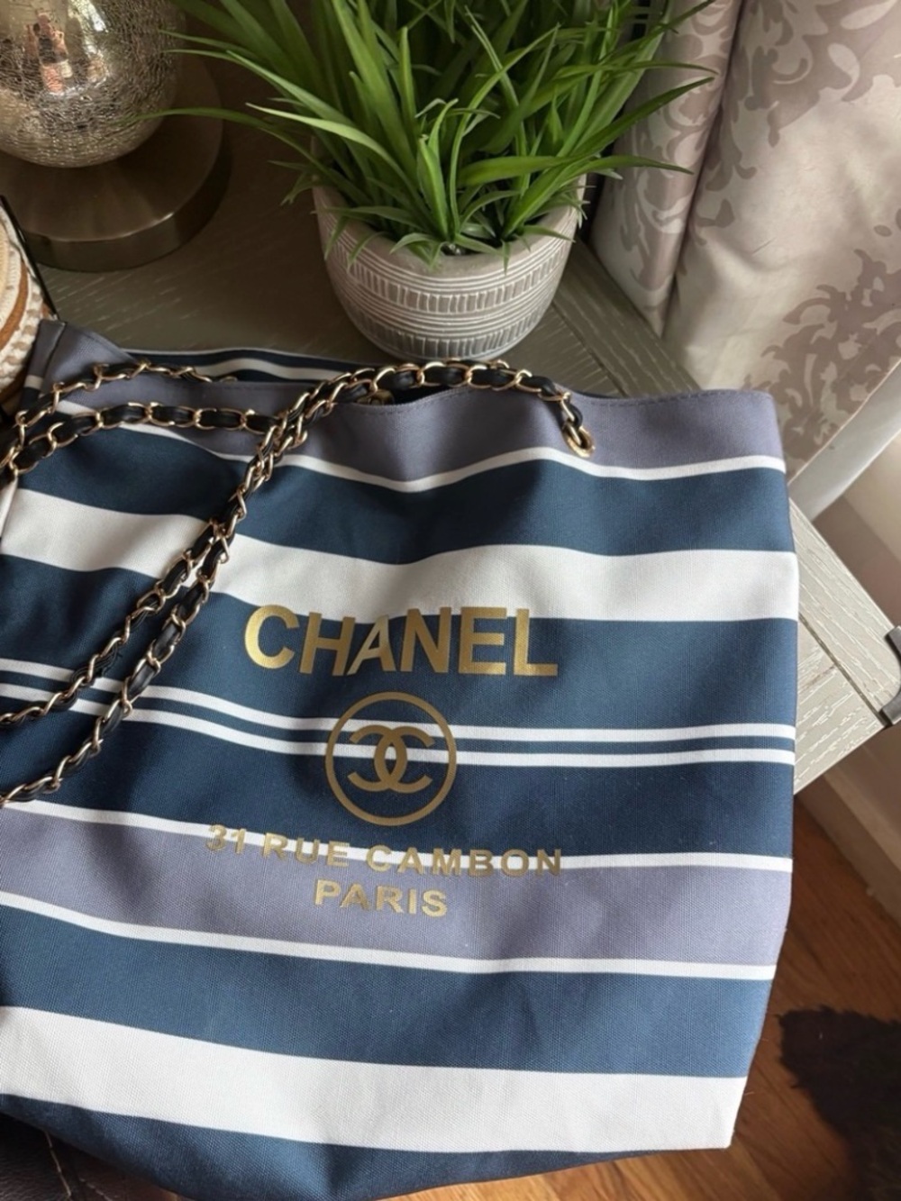Luxury Tote Navy, White & Gray Striped Chain-Handle Tote NWT - Picture 10 of 12